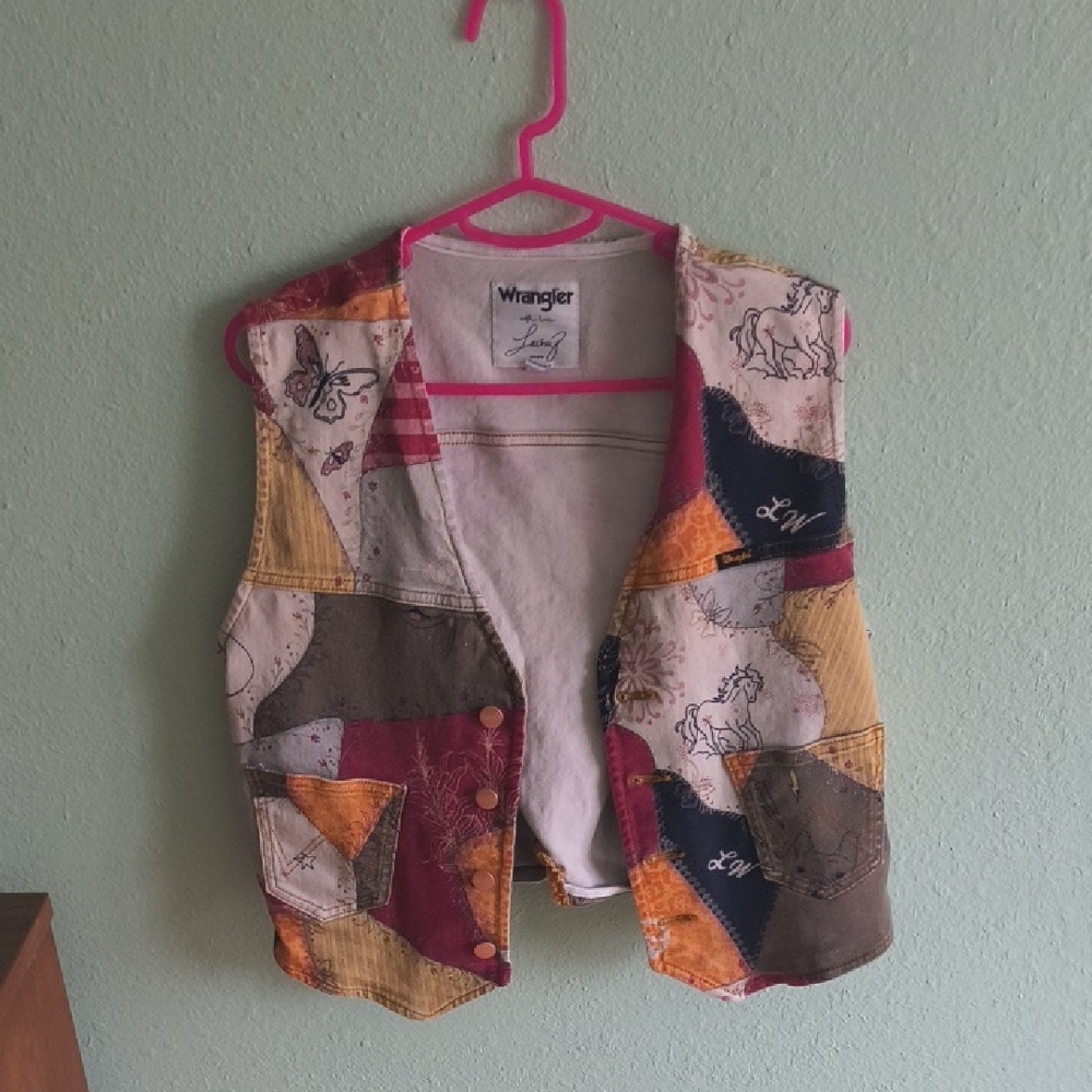 WranglerxLaineyWilson Patchwork Vest in Burgundy, Navy, Mustard, Brown, Cream